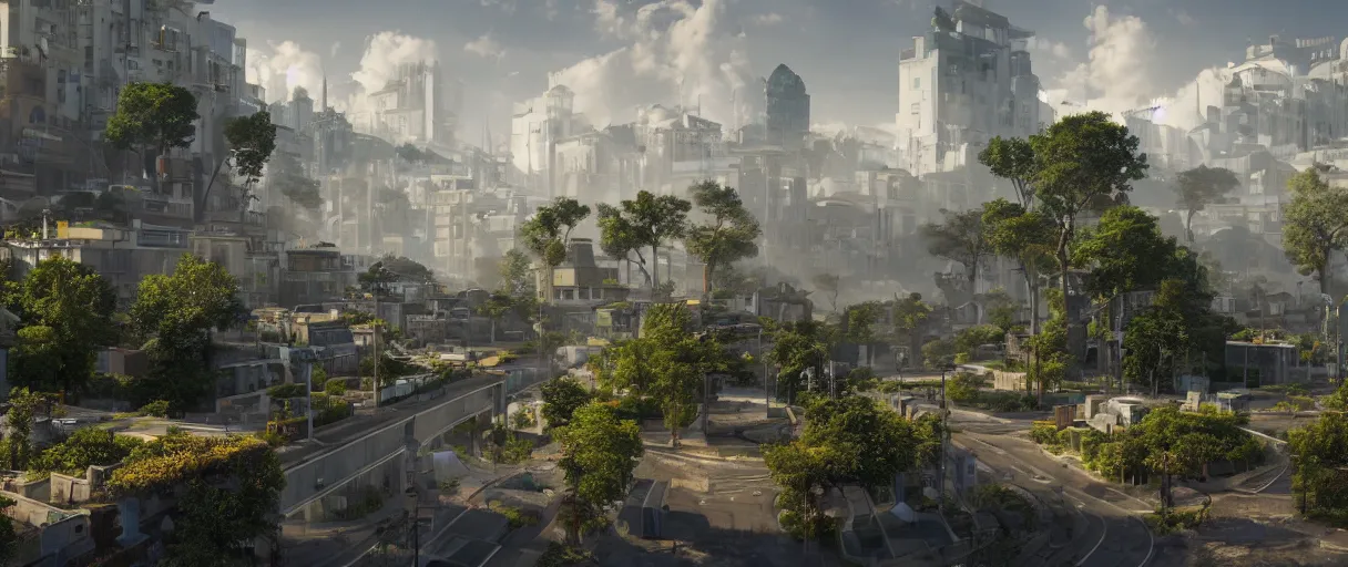 Image similar to a wide shot of a solarpunk city, with houses, pavements, bridges, trees, plants, beautiful, stunning, serene, volumetric light, volumetric clouds, photography, color, intricate, extremely detailed, photorealistic, unreal engine 5
