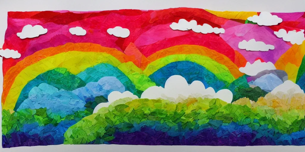 Prompt: rainbow landscape paper art