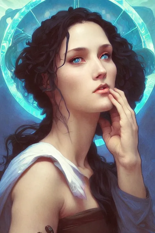 Image similar to bright cube above a portrait of a beautiful dark mystical woman, ice blue eyes, artstation, concept art, smooth, sharp focus, illustration, art by artgerm and greg rutkowski and alphonse mucha and william - adolphe bouguereau