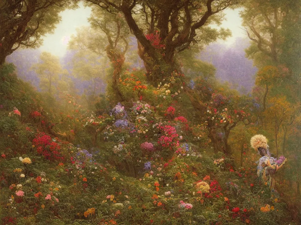 Prompt: artistic multicolor veduta of a forest with floral treant wearing crown like mycelium branches highly detailed by Agostino Arrivabene, Albert Bierstadt, Albert Koetsier and Agnes Lawrence Pelton:3, trees covered with various flowers:1, brown:-1