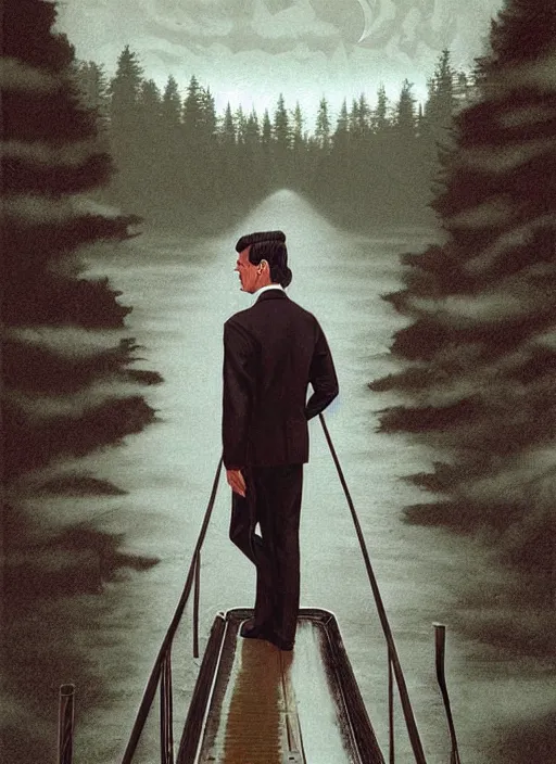 Prompt: dale cooper standing on a thin bridge, twin peaks poster art, from scene from twin peaks, by michael whelan, artgerm, retro, nostalgic, old fashioned, 1 9 8 0 s teen horror novel cover, book