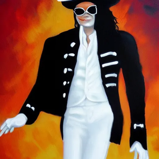 Prompt: paining of Michael Jackson moon walking, white suit and hat, trending on Artstation