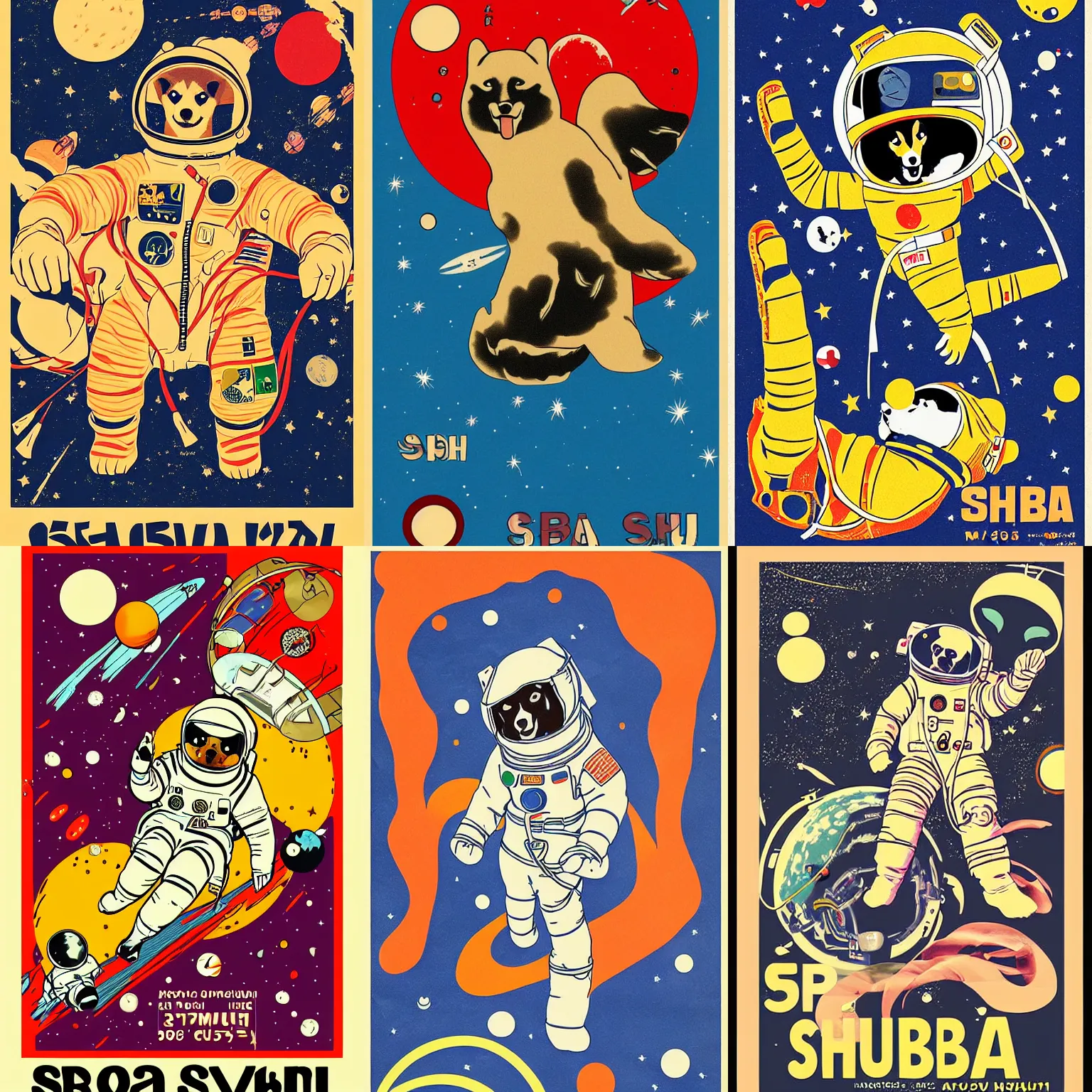 Image similar to Shiba Inu cosmonaut, space walk, 60s poster, in the style of a music poster 1969