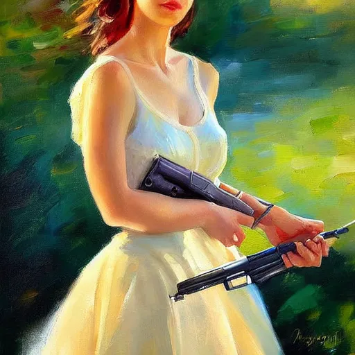 Image similar to woman with a gun painting by Vladimir Volegov