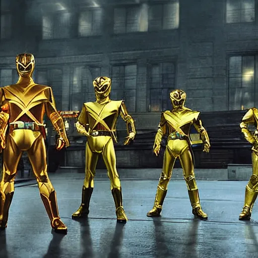 Prompt: Golden coated power rangers epic final battle movie still photograph