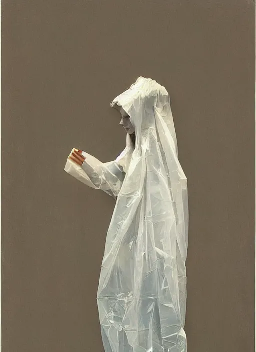 Image similar to woman in a translucent clothing made from plastic bag with paper bags for clothes standing inside paper bags with paper bag over the head at store display Edward Hopper and James Gilleard, Zdzislaw Beksinski, highly detailed