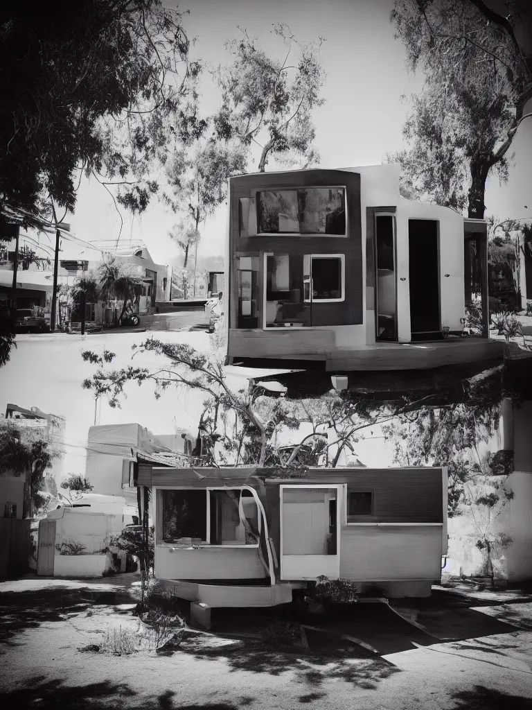 Image similar to “A perfectly centered beautiful black and white 24mm photo of mid-century retro-futuristic tiny house in Los Angeles”