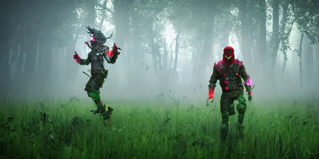 Prompt: inside of lush summer green landscape a strange gamekeeper wearing a steampunk and cyberpunk mechanical fluorescent mystical animal mask and red hood. walking in the misty dangerous swamp. in style of fornite game. night fog, beautiful render, octane render