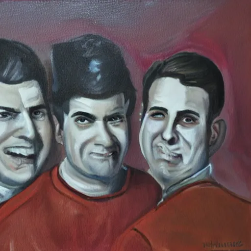 Image similar to painting of three John hamms , each in a different style