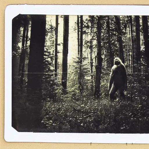 Prompt: a polaroid photo capturing bigfoot in the forest