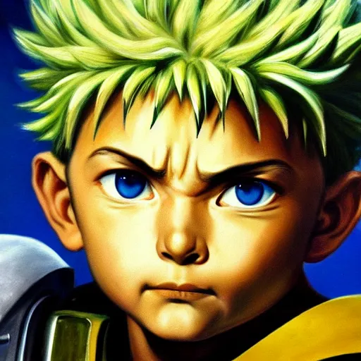 Prompt: ultra realistic portrait painting of killua as master chief, art by frank frazetta, 4 k, ultra realistic, highly detailed, epic lighting