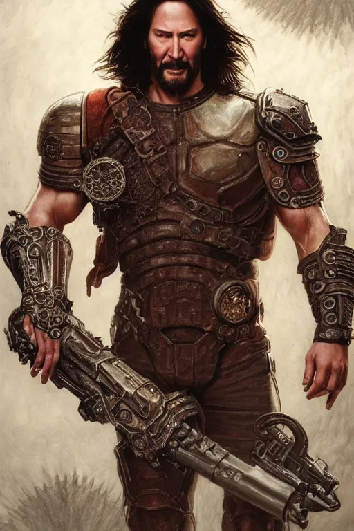 Image similar to ultra realistic illustration,, a hulking herculean keanu reeves with leather armour, from doom and warhammer, intricate, elegant, highly detailed, digital painting, artstation, concept art, smooth, sharp focus, illustration, art by artgerm and greg rutkowski and alphonse mucha