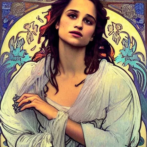 Image similar to alicia vikander portrait by louis - theophile hingre and alphonse mucha, realistic, sharp focus, zodiac signs, tarot cards, planets, ethereal, art nouveau, magic, moon, sun, crown, dreamy, royal, jewellery