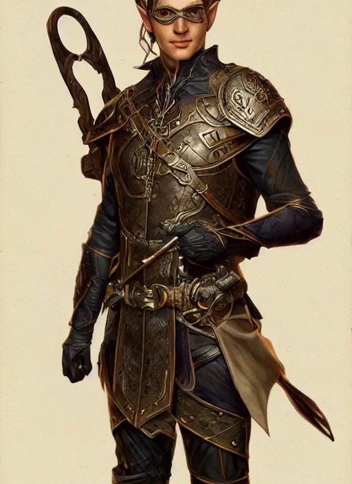 Image similar to full body portrait of a male half elf in fireproof leather armor wearing a utility belt and goggles, D&D, fantasy, intricate, cinematic lighting, highly detailed, digital painting, artstation, concept art, art by Terry Moore and Greg Rutkowski and Alphonse Mucha