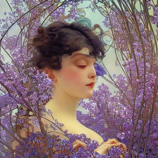 Image similar to perfume surrounded by artistic, blurred blue and lilac flowers, simple path traced, environment, up close shot shinji aramaki, karol bak, alphonse mucha