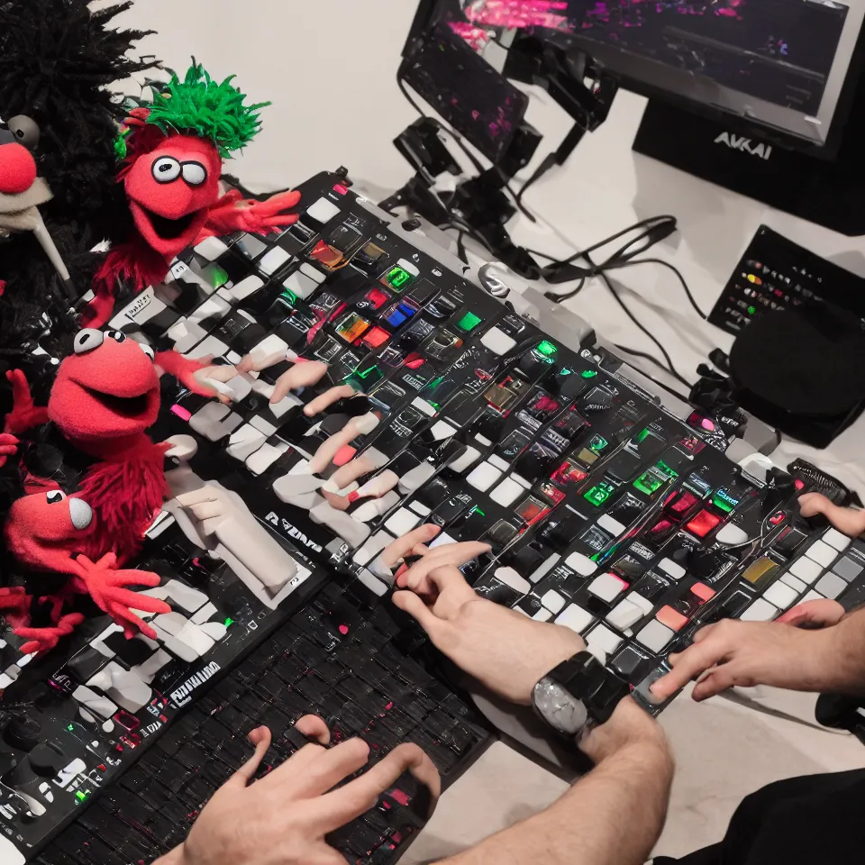 Prompt: a Muppet beatmaker is smoking weed and playing an Akai MPC, drum pads, Maschine