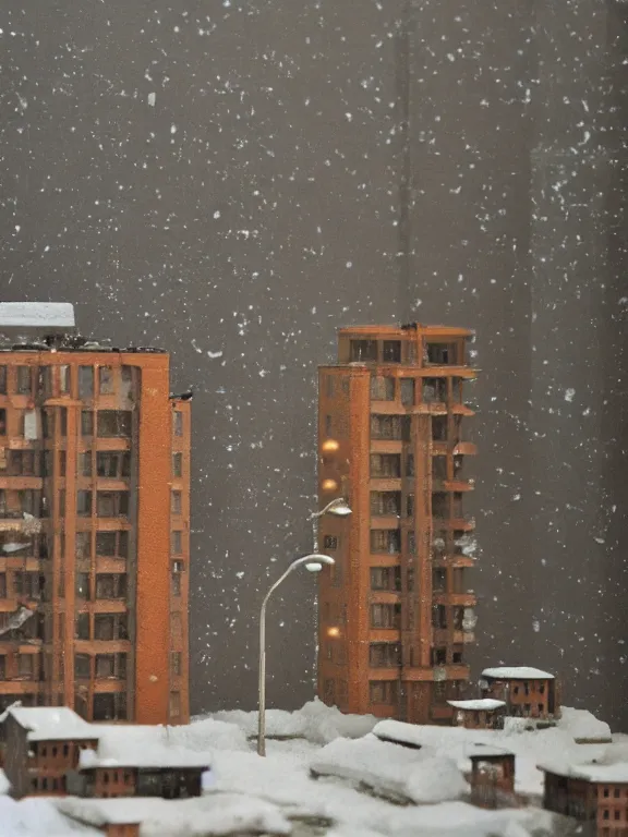 Image similar to mega detailed miniature diorama a soviet residential building, brutalism architecture, suburban, warm lights are on in the windows, man lies in the snow, dark night, fog, winter, blizzard, cozy and peaceful atmosphere, row of street lamps with warm orange light, several birches nearby, 1 9 9 0