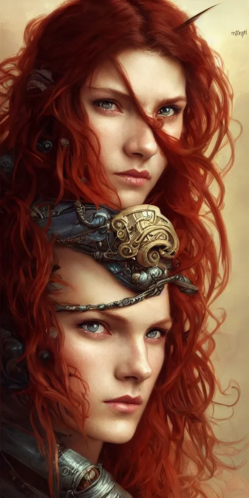 Image similar to portrait of a young ruggedly beautiful but joyful pirate, female, femenine, upper body, red hair, long hair, d & d, fantasy, piercing eyes, intricate, elegant, highly detailed, digital painting, artstation, concept art, matte, sharp focus, illustration, art by artgerm and greg rutkowski and alphonse mucha