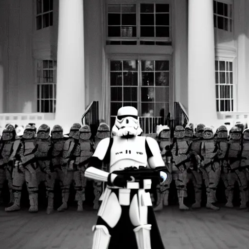 Image similar to Obama infront of an leading Army of Stormtrooper attacking the White house, Obama has a red lightsaber in his right hand, high field of view, focus is on Obama and the Stormtrooper behind him, 40nm lens, shallow depth of field, split lighting, 4k,