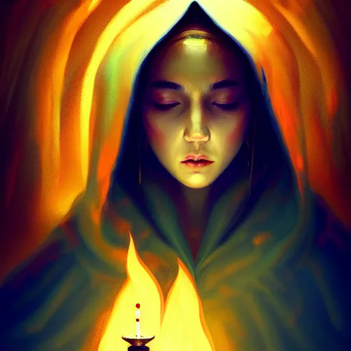 Image similar to ( a priestess with a hood that covers half her face carries an incense burner that emits a pleasantly colored flame. ) by anato finnstark, photorealistic, fullbody portrait, dynamic lighting, beautiful, trending on artstation, wallpaper, 4 k, award winning, digital art, golden hues