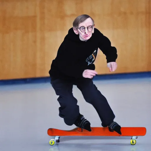 Image similar to Stephen Hawking in supreme hoodie, skating in haven