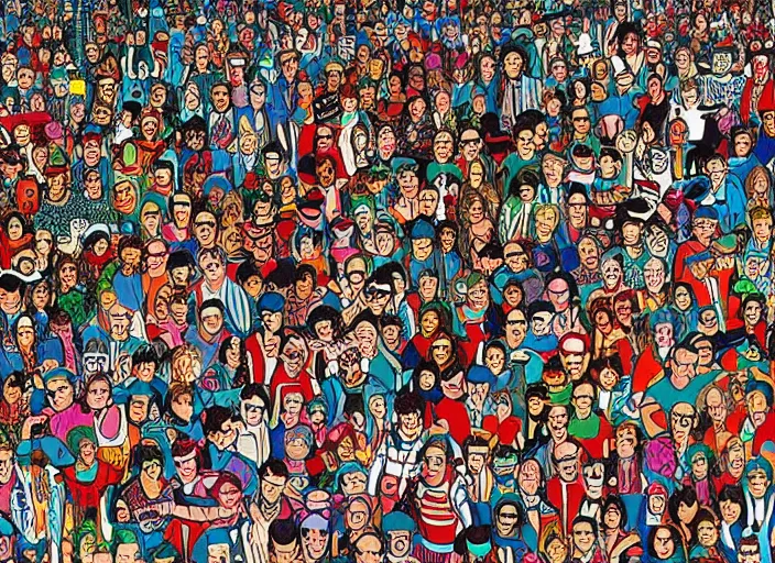 Image similar to where's Waldo intricate rave party drawing by martin handford (1978), find the hidden objects picture