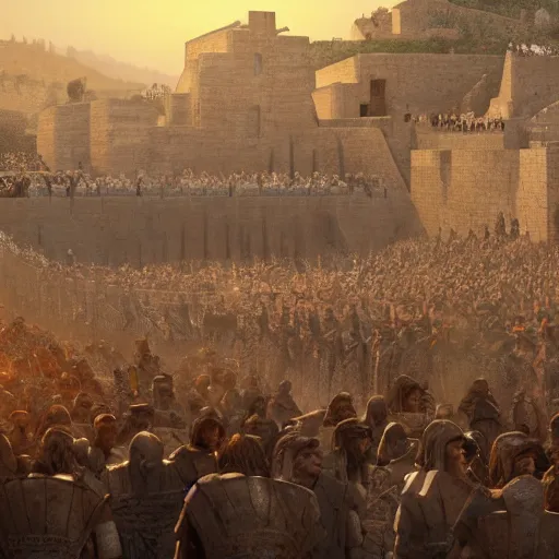 Image similar to Matte painting of large crowd of men in Biblical outfits marching in front of the walls of Jericho. People are standing on the walls looking down at them. sunrise, epic, cinematic lighting, detailed digital art trending in artstation