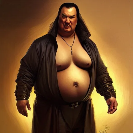 Image similar to Obese Steven Seagal, fantasy, intricate, elegant, highly detailed, digital painting, artstation, concept art, matte, sharp focus, illustration, art by Artgerm and Greg Rutkowski and Alphonse Mucha