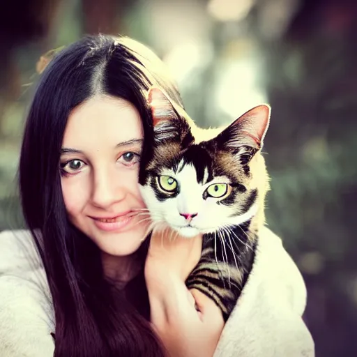 Image similar to a girl with long dark hair holding a cat in her arms, pexels contest winner, rasquache, high quality photo, rtx, hd, shiny eyes, a renaissance painting by sailor moon, anime, anime aesthetic