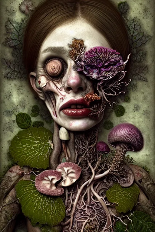 Image similar to sad and detailed rotten woman corpse with fractal plants and fractal flowers and mushrooms growing around, face muscles, veins, arteries, intricate, ornate, surreal, ray caesar, john constable, guy denning, dan hillier