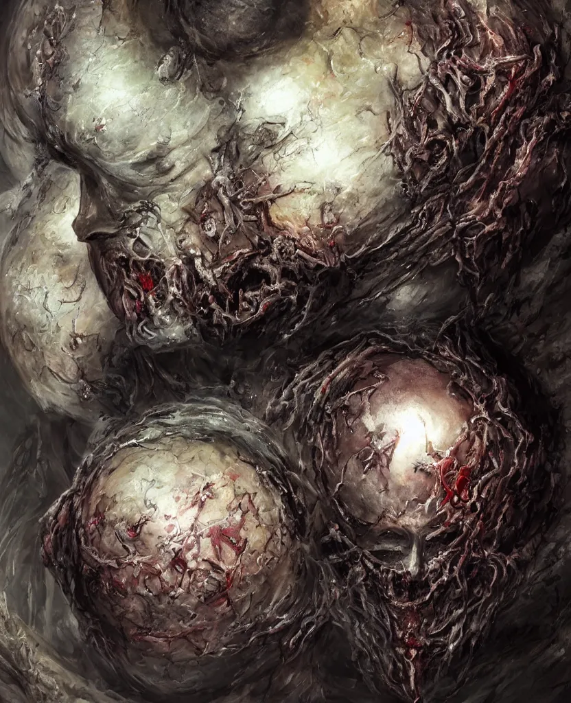 Image similar to moon sphere made from thousands of rotten demonic bloody corpses of Nicolas Cage, body horror, flesh, blood, grotesque hell, highly detailed, vivid colors, dark shadows, contrast, concept art, sharp focus, digital art, Hyper-realistic, 4K, Unreal Engine, Highly Detailed, Dramatic Lighting, Beautiful, by Brom, bastien lecouffe-deharme