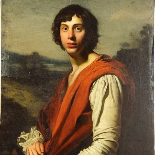 Image similar to portrait of a young gentleman in the style of valentin de boulogne, beautiful landscape in the background