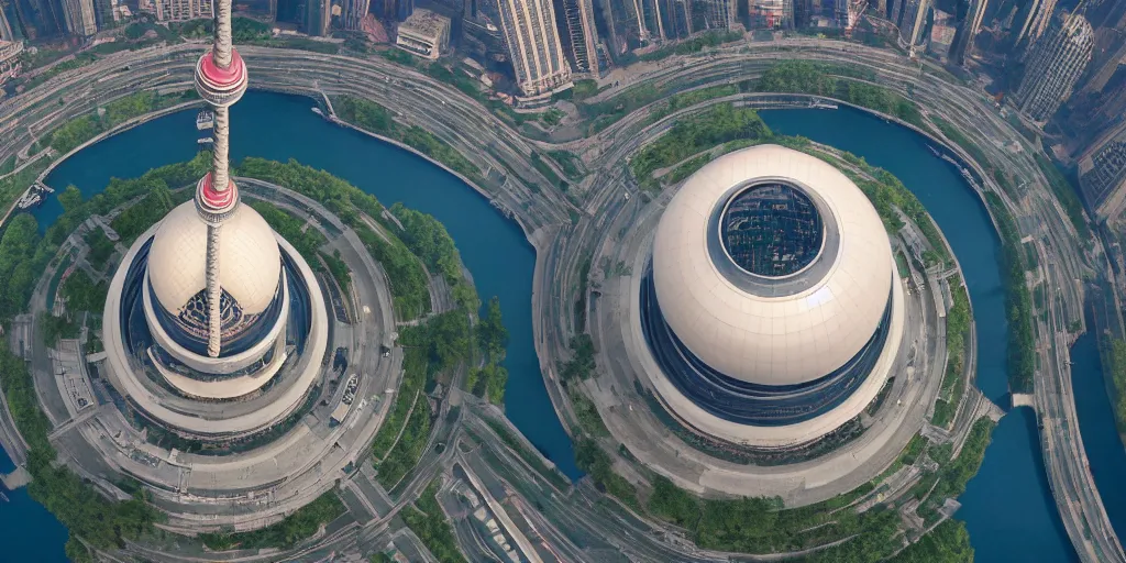 Image similar to a very high resolution image from a new movie, oriental pearl tower, front view, upside - down, shining, photorealistic, photography, directed by wes anderson