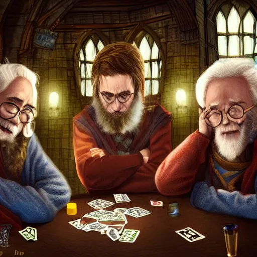 Prompt: Daniel Radcliffe as Harry Potter and dumbeldore are playing poker in hogwarts, digital art, vibrant, amazing detail, artstation