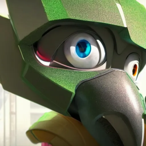Image similar to HD, screenshot of the parrot robot from the Transformer anime, a collaboration between Michael Bay and Hayao Miyazaki