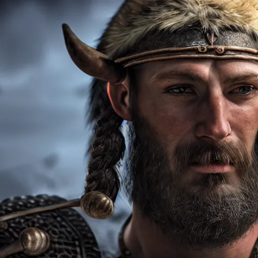 Prompt: a hyperrealistic render of a 9 th century viking, extremely pronounced masculine features, leather armor with nordic religious decorations, low dutch angle, face in focus, natural lighting, realism, nordic facial structure, muscular, unreal engine 5, octane