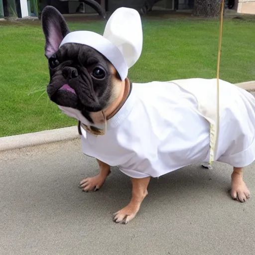 Prompt: french bulldog dressed as the pope