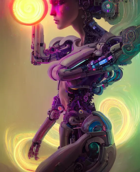 Image similar to whirlwind souls rushing inside metaverse, half body, glowin eyes, tiara, robotic, android, cyborg, cyberpunk face, by loish, d & d, fantasy, intricate, elegant, highly detailed, colorful, vivid color, digital painting, artstation, concept art, art by artgerm and greg rutkowski and alphonse mucha and ruan jia