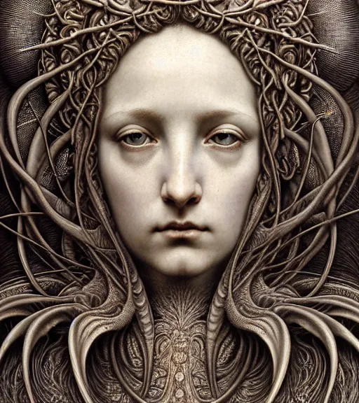 Image similar to detailed realistic beautiful day goddess face portrait by jean delville, gustave dore, iris van herpen and marco mazzoni, art forms of nature by ernst haeckel, art nouveau, symbolist, visionary, gothic, neo - gothic, pre - raphaelite, fractal lace, intricate alien botanicals, ai biodiversity, surreality, hyperdetailed ultrasharp octane render