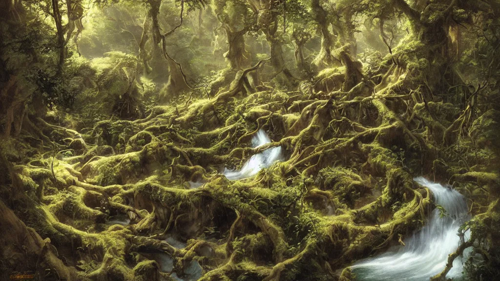 Prompt: an overgrown chasm in the earth leads down into darkness with many small waterfall streams and gnarled exposed tree trunks and roots ponds and wildlife, in a style blend of kunstler and leyendecker and rockwell, fine art, volumetric lighting, intricate details