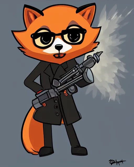 Image similar to a fox wearing a black trench - coat holding a diamond studded mini - gun, comic art style, digital art,