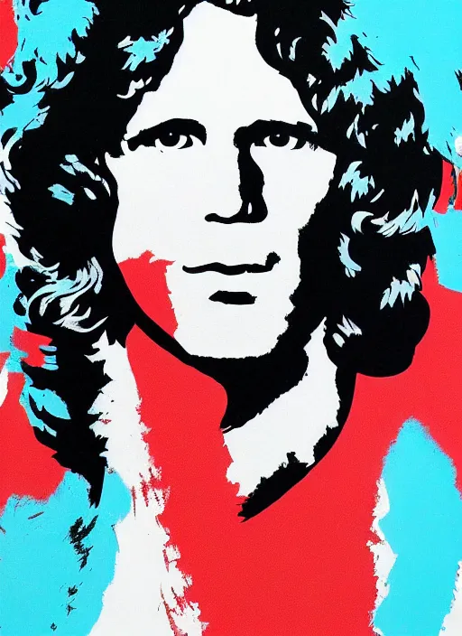 Image similar to Jim Morrison, Detailed, 1970's, Art Poster, Screen print, Cream paper, black, red and cyan ink