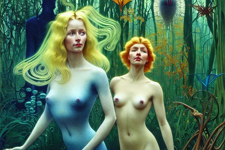 Image similar to realistic detailed photorealistic film portrait shot of a beautiful blond woman with an alien in a futuristic forest by Denis Villeneuve, Amano, Yves Tanguy, Alphonse Mucha, Ernst Haeckel, Andrei Tarkovsky, Edward Robert Hughes, Roger Dean, rich moody colours, wide angle, blue eyes