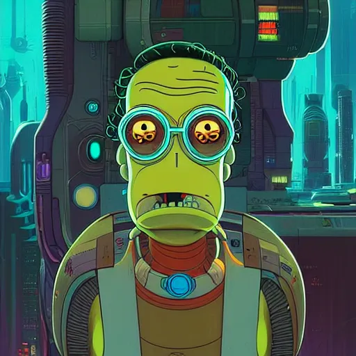 Image similar to akah 0 c 0 k futurama cyberpunk portrait by gaston bussierre and charles vess and james jean and erik jones and rhads, inspired by rick and morty, huge scale, beautiful fine face features, intricate high details, sharp, ultradetailed