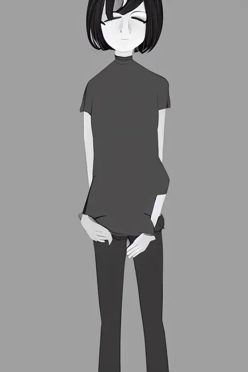 Image similar to portrait of a girl in long pants and a top, hands in pockets, eyes closed, bob haircut, digital art, black and white, simple, manga style