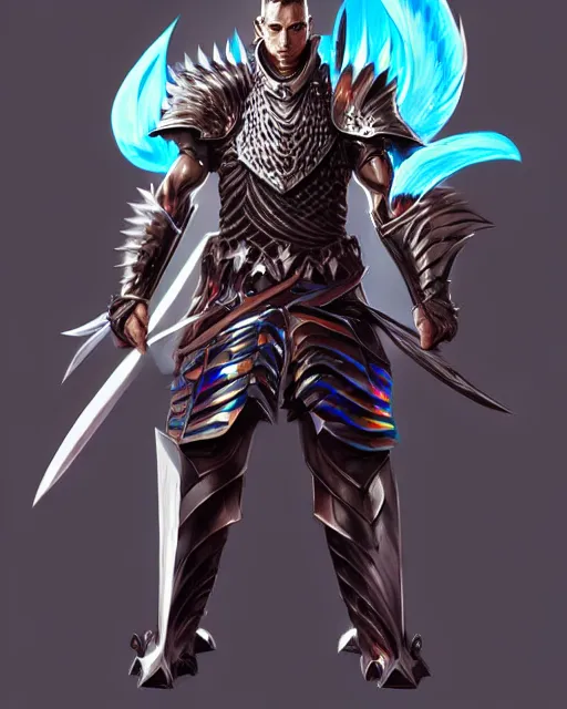 Image similar to Full body character concept art of an anime draconian warrior knight, iridescent scales, cool face, muscular, by Stanley Artgerm Lau, WLOP, Rossdraws, James Jean, Andrei Riabovitchev, Marc Simonetti, and Sakimichan, tranding on artstation