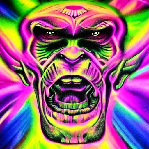 Prompt: psychedelic blacklight airbrush art of an orc riding a motorcycle