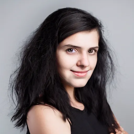 Image similar to young woman with shoulder - length messy black hair, slightly smiling, 1 3 5 mm nikon portrait