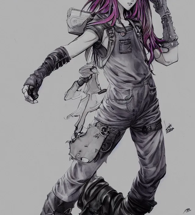 Image similar to full body pose, hd, manga anime portrait of a fairy girl in combat boots and overalls, rainbow hair, in ishikawa ken frank miller jim lee alex ross style detailed trending award winning on flickr artstation,