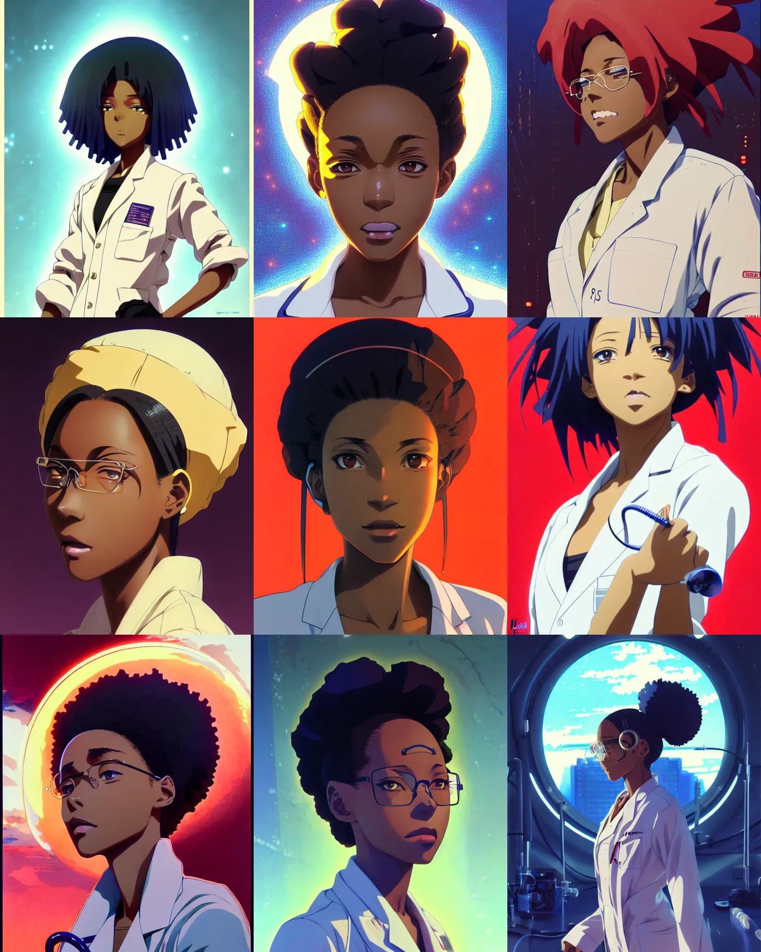 Prompt: A beautiful young anime African-American dieselpunk scientist in a lab coat || very anime, fine-face, pretty face, realistic shaded Perfect face, fine details. Anime. realistic shaded lighting poster by Ilya Kuvshinov katsuhiro otomo ghost-in-the-shell, magali villeneuve, artgerm, Jeremy Lipkin and Michael Garmash and Rob Rey